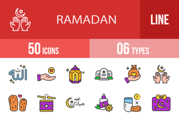 50 Ramadan Filled Line Icons for Embroidery Projects